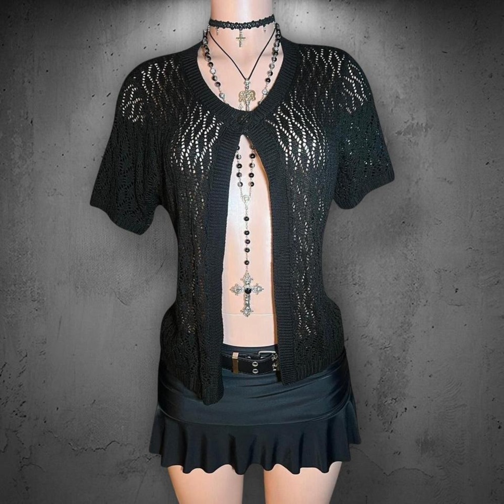 Black Short Sleeve Open Knit Diamond Textured Cardigan